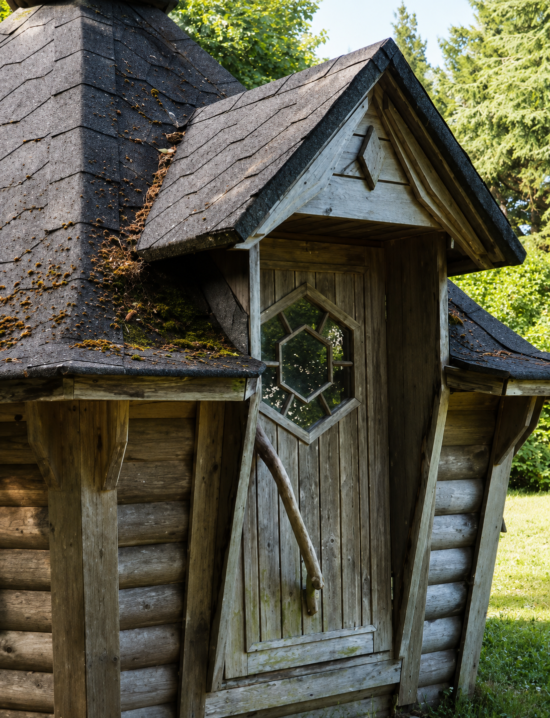 Cabane en bois avec porte et fenêtre géométrique