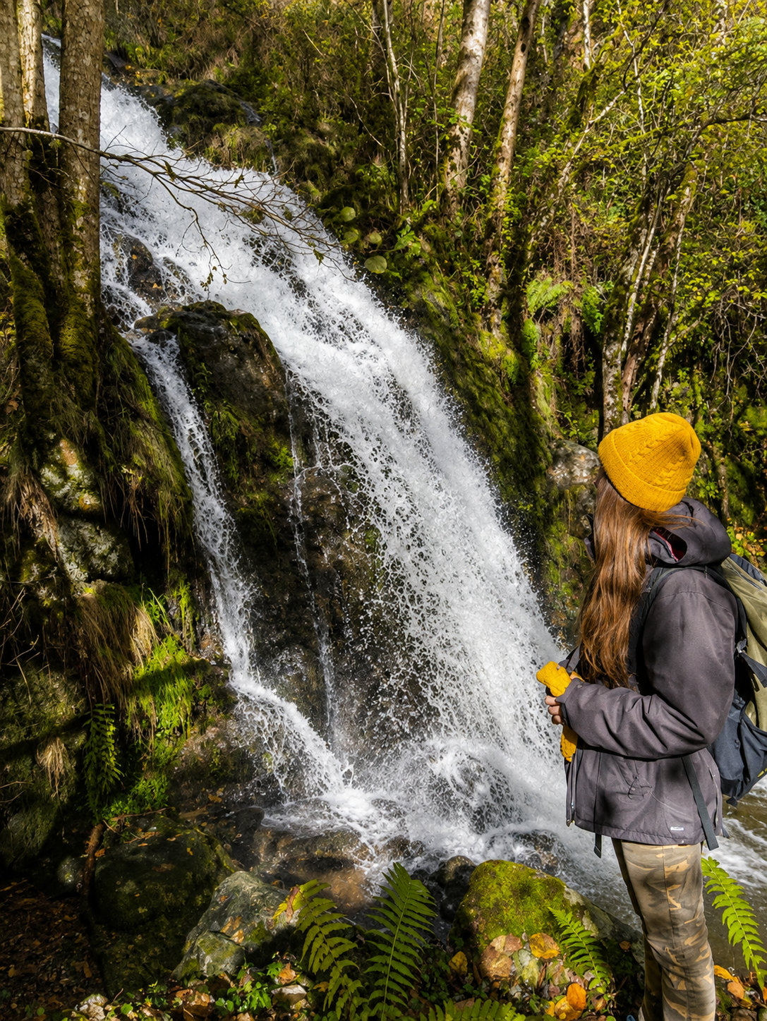 Randonneuse près d’une cascade