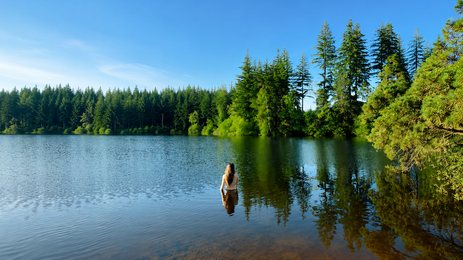 Femme dans un lac entouré de forêt